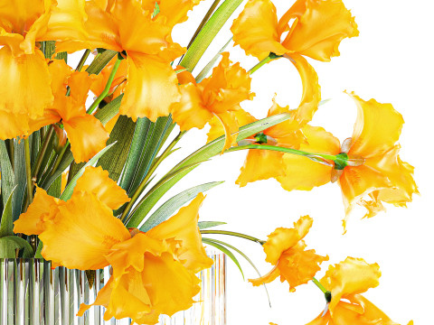 美しいリアルな花束黄色のアイリスの花ガラス花瓶 658 3Dモデル