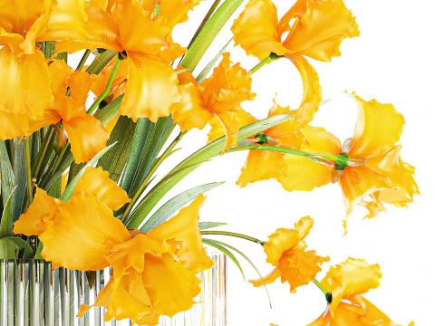 Lindo buqu&ecirc; realista de flores de &iacute;ris amarelas, vaso de vidro 658 Modelo 3D