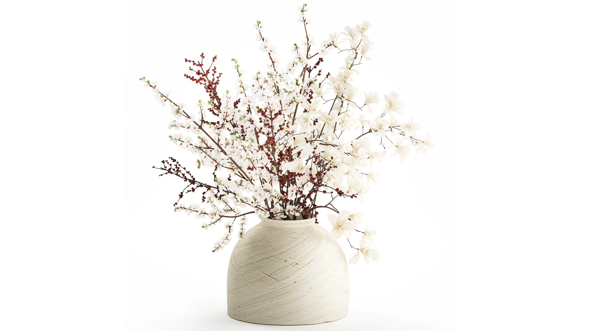 Bouquet white flowers magnolia Ilex holly cherry vase 659 3D Model .c4d .max .obj .3ds .fbx .stl .blend 