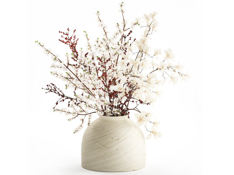 Bouquet white flowers magnolia Ilex holly cherry vase 659 3D Model