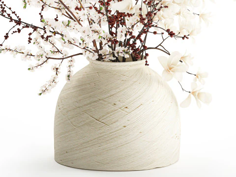 Bouquet white flowers magnolia Ilex holly cherry vase 659 3D Model
