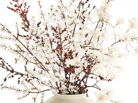 Bouquet white flowers magnolia Ilex holly cherry vase 659 3D Model