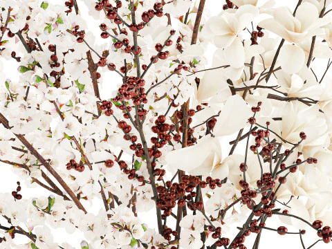 Bouquet white flowers magnolia Ilex holly cherry vase 659 3D Model