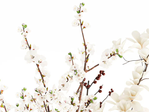 Bouquet white flowers magnolia Ilex holly cherry vase 659 3D Model