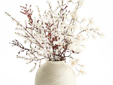 Bouquet white flowers magnolia Ilex holly cherry vase 659 3D Model