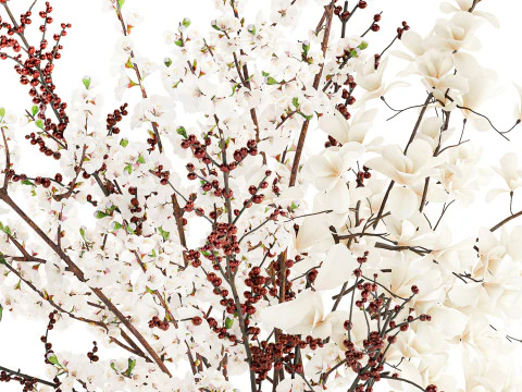 Bouquet white flowers magnolia Ilex holly cherry vase 659 3D Model