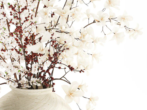 Bouquet white flowers magnolia Ilex holly cherry vase 659 3D Model