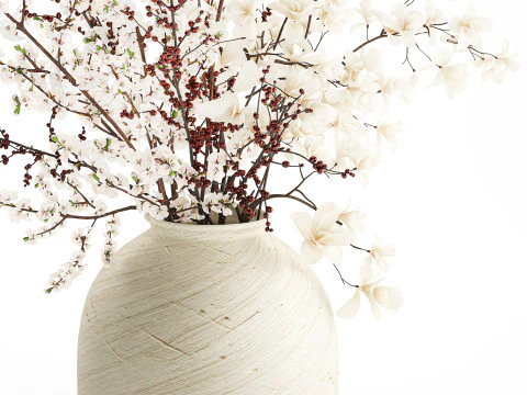 Bouquet white flowers magnolia Ilex holly cherry vase 659 3D Model