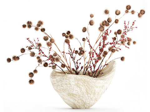 Bouquet dried flowers holly branches dry thorns stone vase 3D Model