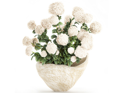 Ramo de ramas jarrón de piedra decoración hortensia blanca 662 Modelo 3D