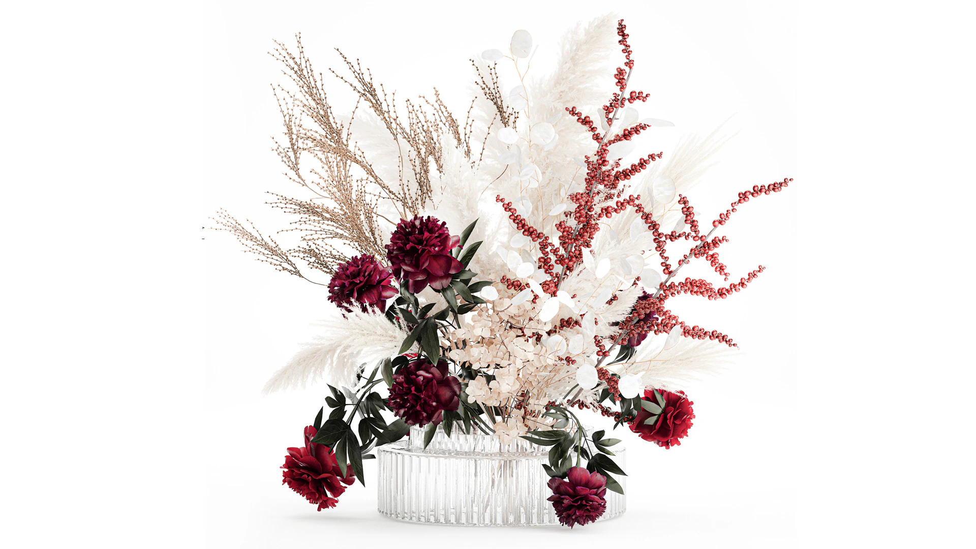 Dried flower bouquet pampas grass peony holly glass vase 3D Model .c4d .max .obj .3ds .fbx .stl .blend 
