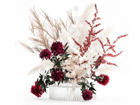 Buquê de flores secas, grama de pampas, peônia, vaso de vidro de azevinho Modelo 3D