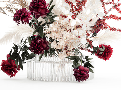Buquê de flores secas, grama de pampas, peônia, vaso de vidro de azevinho Modelo 3D