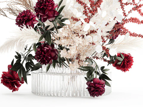 Dried flower bouquet pampas grass peony holly glass vase 3D Model