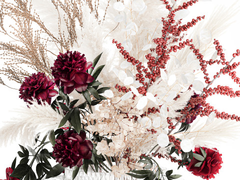 Buquê de flores secas, grama de pampas, peônia, vaso de vidro de azevinho Modelo 3D