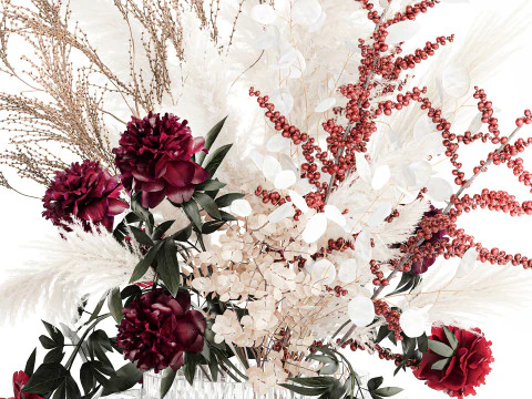 Dried flower bouquet pampas grass peony holly glass vase 3D Model