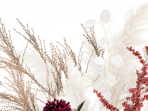 Buquê de flores secas, grama de pampas, peônia, vaso de vidro de azevinho Modelo 3D