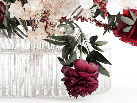 Buquê de flores secas, grama de pampas, peônia, vaso de vidro de azevinho Modelo 3D