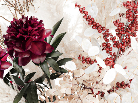 Buquê de flores secas, grama de pampas, peônia, vaso de vidro de azevinho Modelo 3D