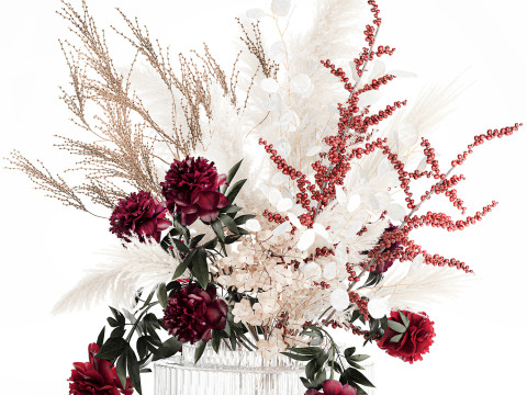 Buquê de flores secas, grama de pampas, peônia, vaso de vidro de azevinho Modelo 3D