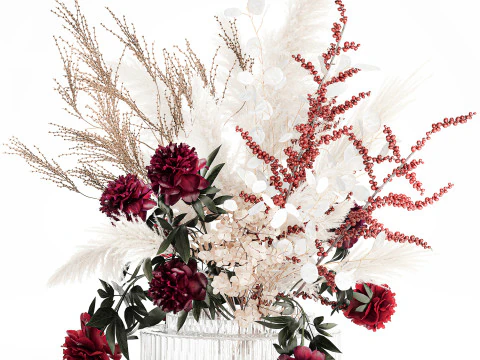 Dried flower bouquet pampas grass peony holly glass vase 3D Model