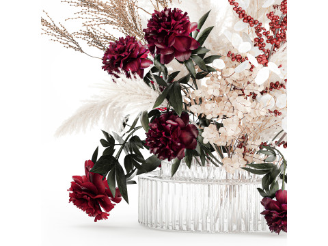 Buquê de flores secas, grama de pampas, peônia, vaso de vidro de azevinho Modelo 3D