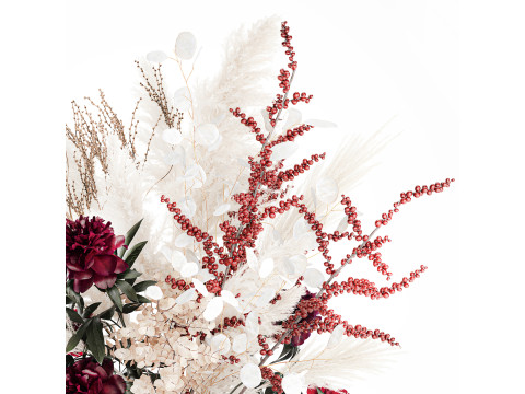 Buquê de flores secas, grama de pampas, peônia, vaso de vidro de azevinho Modelo 3D