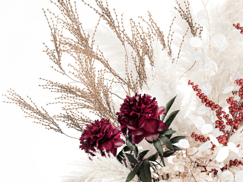Buquê de flores secas, grama de pampas, peônia, vaso de vidro de azevinho Modelo 3D