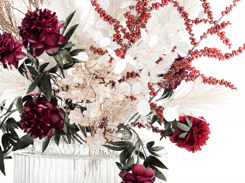 Buquê de flores secas, grama de pampas, peônia, vaso de vidro de azevinho Modelo 3D