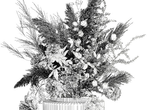 Buquê de flores secas, grama de pampas, peônia, vaso de vidro de azevinho Modelo 3D