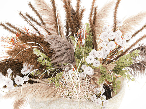 花束干花潘帕斯树枝石花瓶棕榈叶 3D 模型