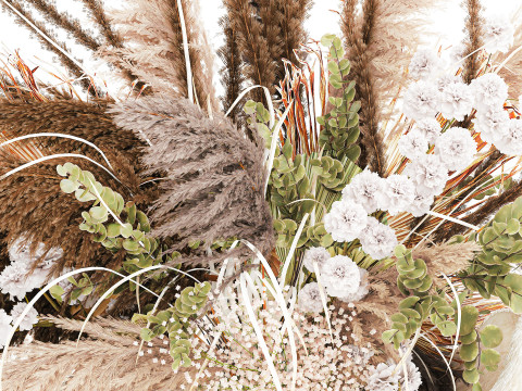 花束干花潘帕斯树枝石花瓶棕榈叶 3D 模型