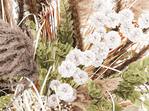 花束干花潘帕斯树枝石花瓶棕榈叶 3D 模型