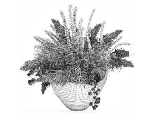 花束干花潘帕斯树枝石花瓶棕榈叶 3D 模型