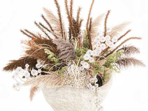 花束干花潘帕斯树枝石花瓶棕榈叶 3D 模型