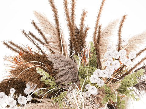 花束干花潘帕斯树枝石花瓶棕榈叶 3D 模型