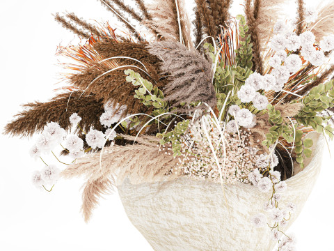 花束干花潘帕斯树枝石花瓶棕榈叶 3D 模型