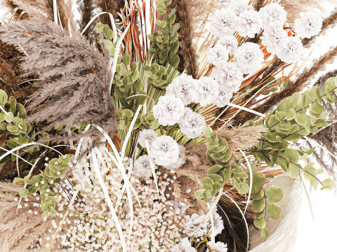 花束干花潘帕斯树枝石花瓶棕榈叶 3D 模型