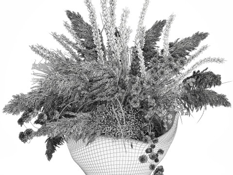 花束干花潘帕斯树枝石花瓶棕榈叶 3D 模型