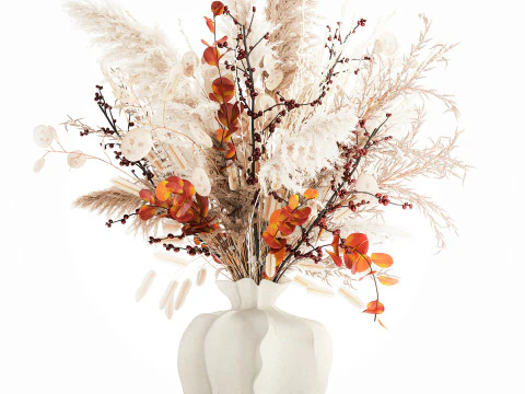 Autumn bouquet dried branches pampas holly flowers vase decor 3D Model