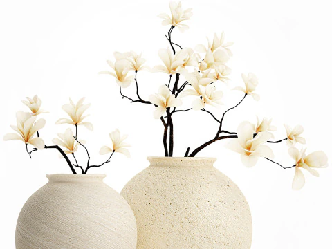 Realistic bouquet white flowers blooming Magnolia vase decor 672 3D Model