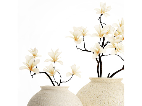 Realistic bouquet white flowers blooming Magnolia vase decor 672 3D Model