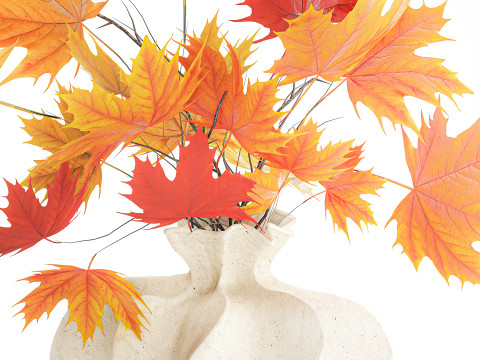 Реалистичный осенний букет из веточек желтого клена, декор вазы 675 3D Модель