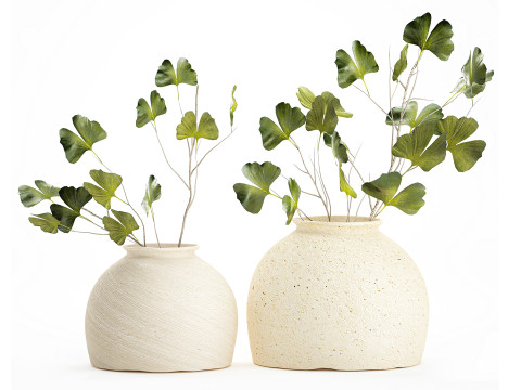 Buket realistis bunga hijau ginkgo meninggalkan dekorasi vas Model 3D