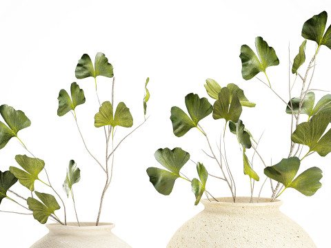 Bouquet réaliste de fleurs vertes, décor de vase de feuilles de ginkgo Modèle 3D
