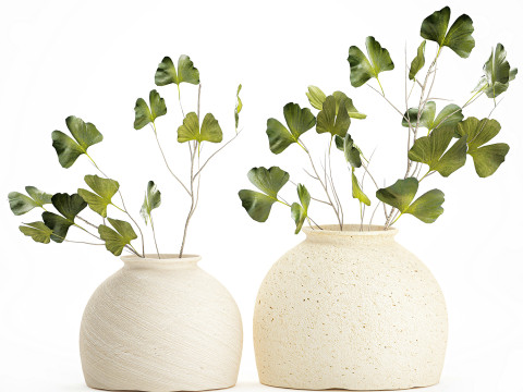 Bouquet réaliste de fleurs vertes, décor de vase de feuilles de ginkgo Modèle 3D