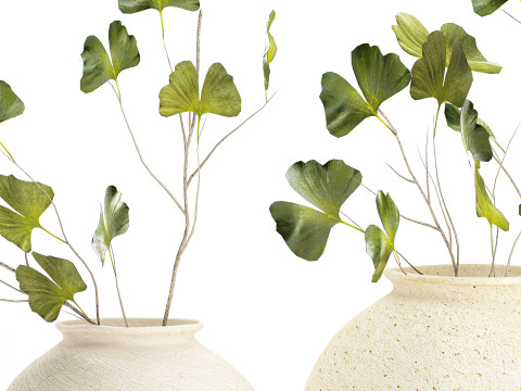 Bouquet réaliste de fleurs vertes, décor de vase de feuilles de ginkgo Modèle 3D
