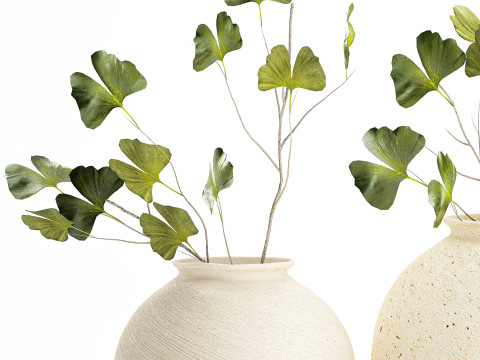 Bouquet réaliste de fleurs vertes, décor de vase de feuilles de ginkgo Modèle 3D