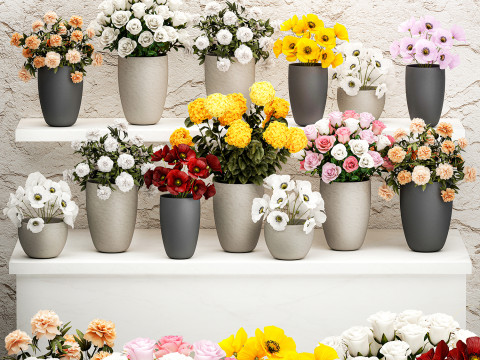 コレクション ブーケ 花瓶 フラワー ショップ 牡丹 バラ ストア 3Dモデル