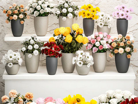 Collection bouquets vases flower shop peony roses store 3D Model